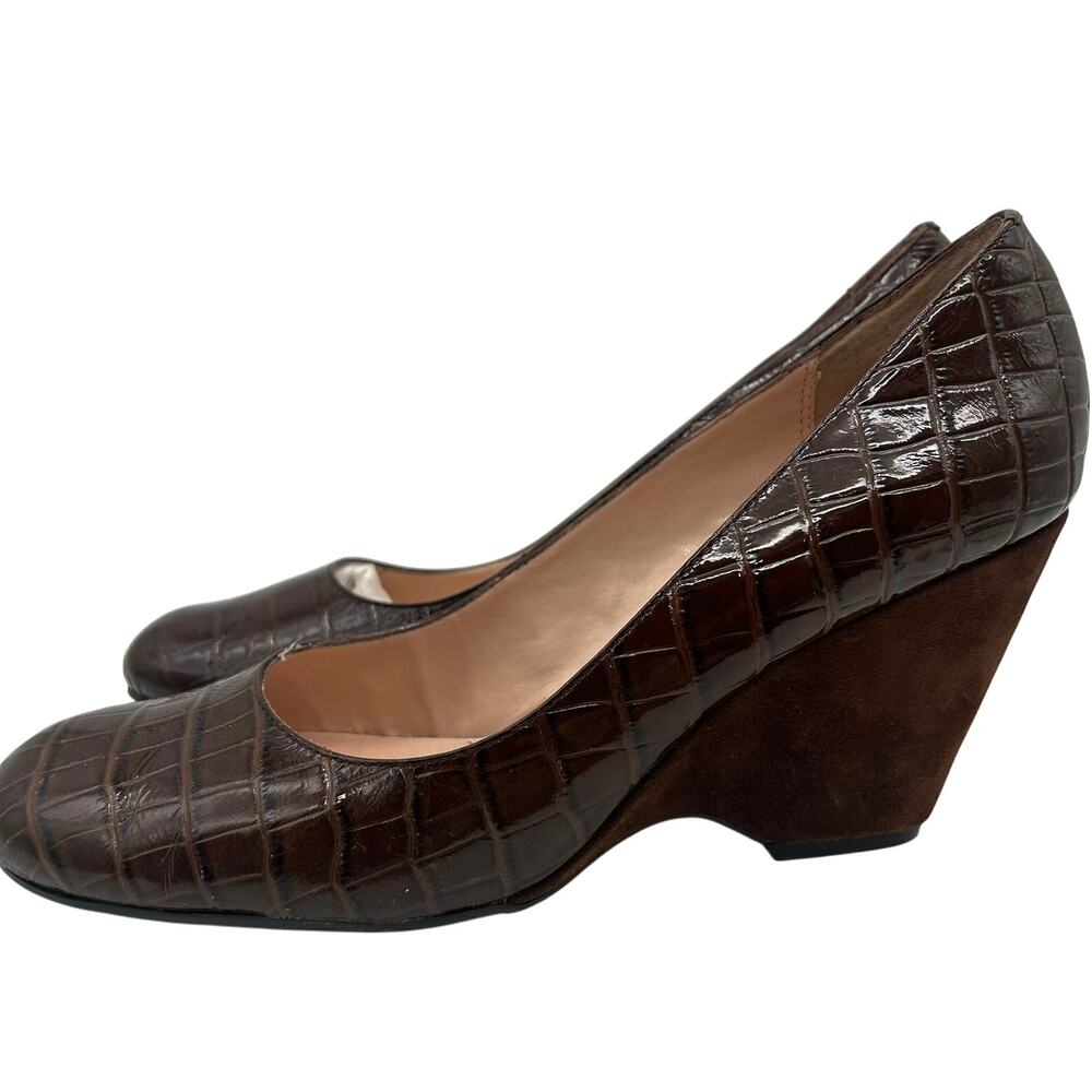 Franco Sarto Croc Embossed Patent Leather Wedge Pumps Size 9 Brown Office Fall - Picture 8 of 8